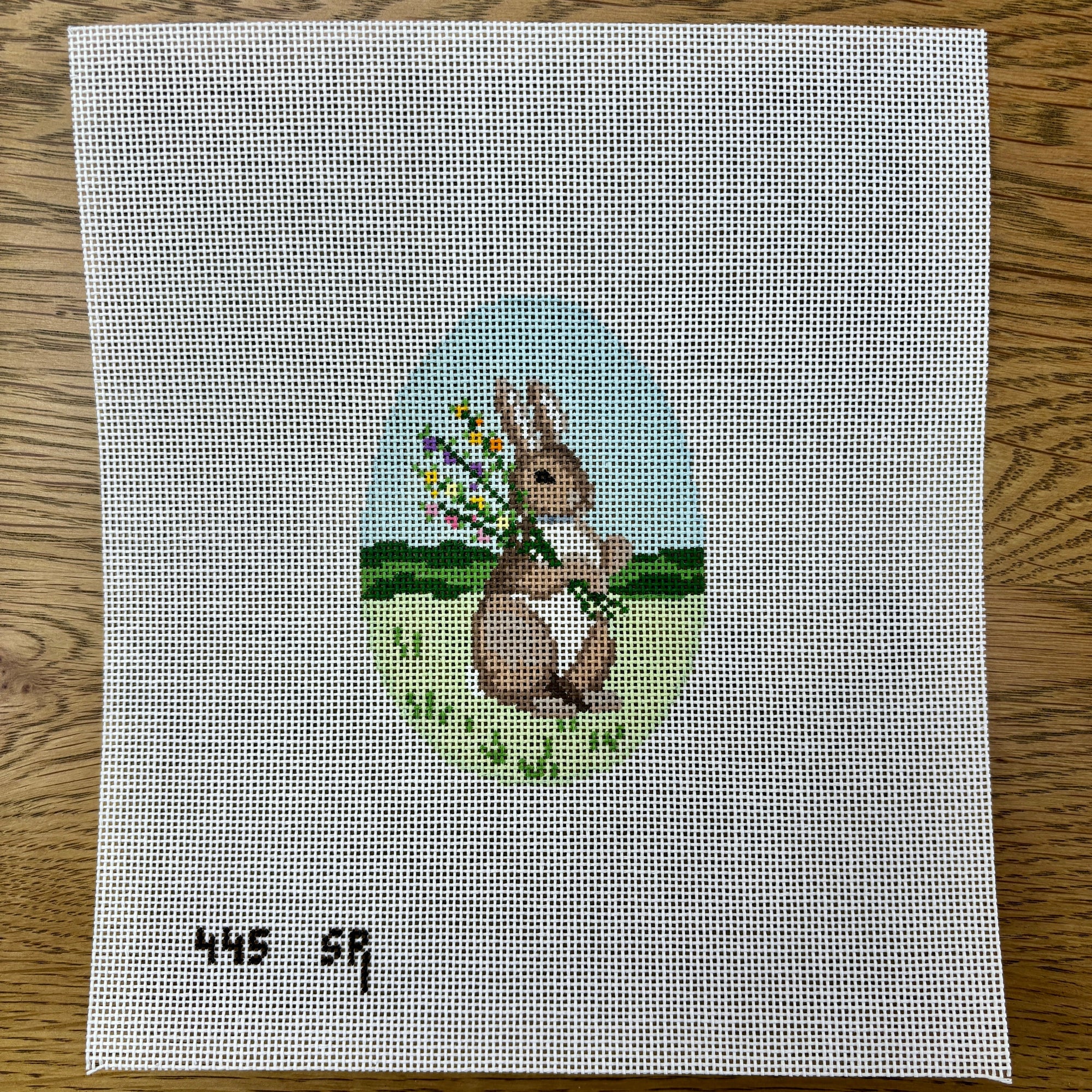 Bunny with Flowers, 4" Egg - 18 mesh - The Flying Needles