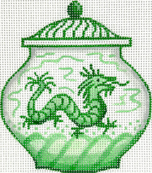 Medium Green & White Vase with Dragon & Waves - The Flying Needles