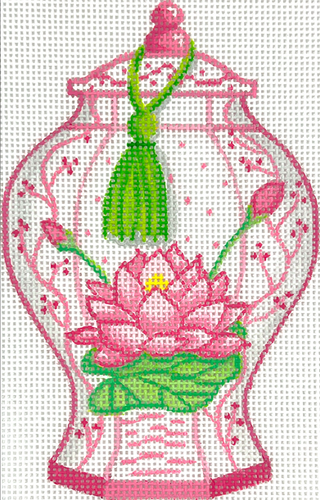 Tall Pink, Green & White Vase with Lotus Flower - The Flying Needles